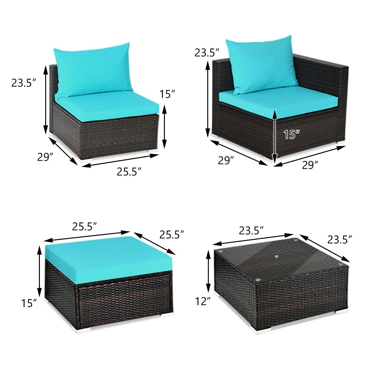 5 Pieces Patio Rattan Furniture Set with Coffee Table, Turquoise Outdoor Sectionals   at Gallery Canada