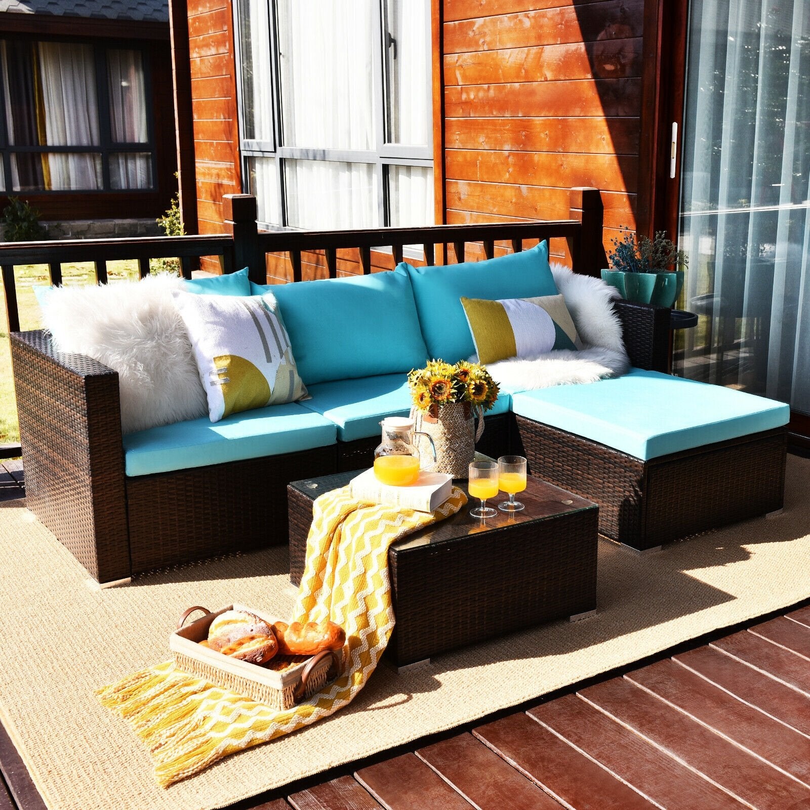 5 Pieces Patio Rattan Furniture Set with Coffee Table, Turquoise Outdoor Sectionals   at Gallery Canada