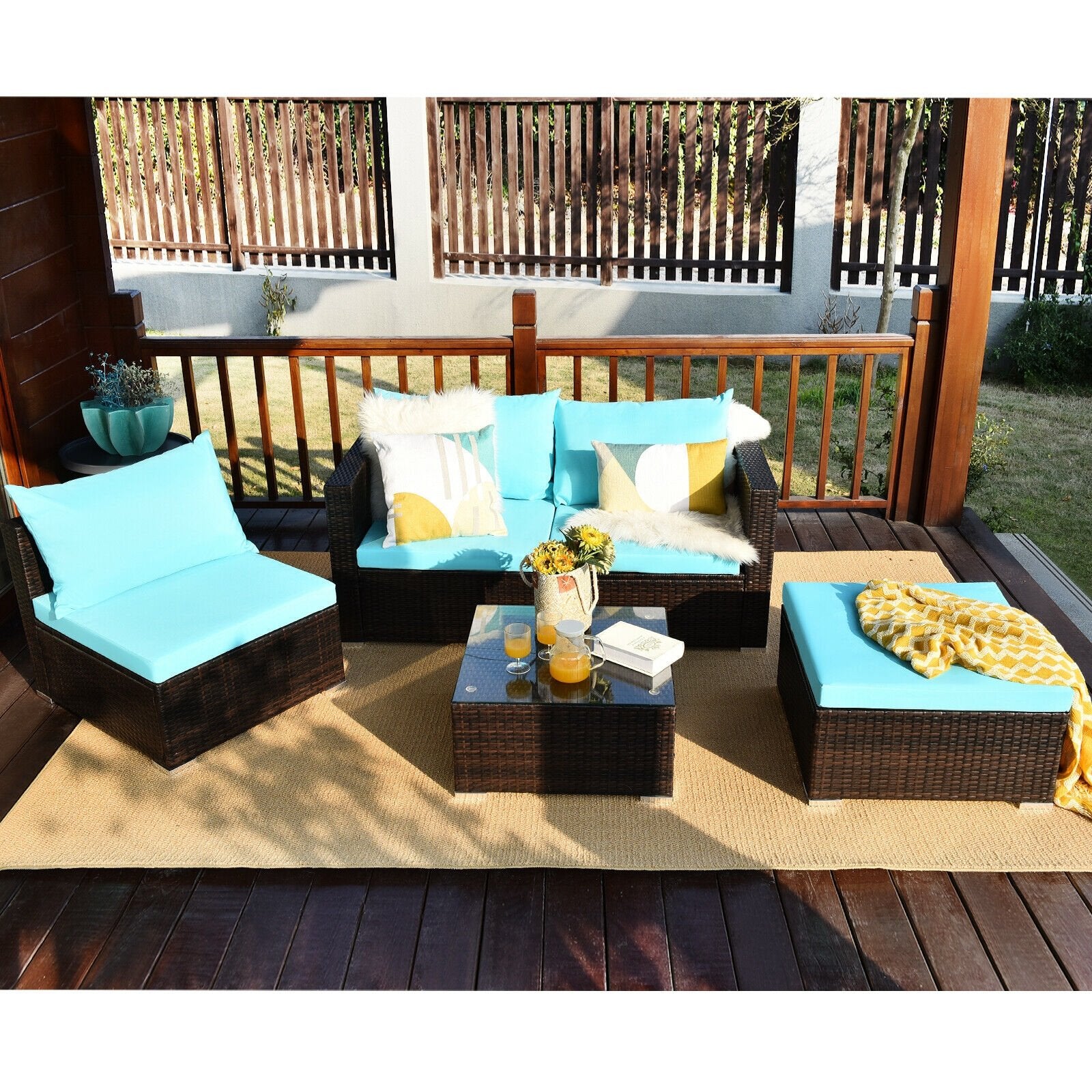 5 Pieces Patio Rattan Furniture Set with Coffee Table, Turquoise Outdoor Sectionals   at Gallery Canada