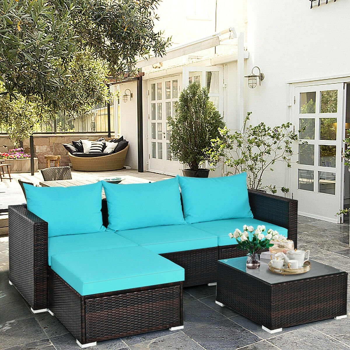 5 Pieces Patio Rattan Furniture Set with Coffee Table, Turquoise Outdoor Sectionals   at Gallery Canada