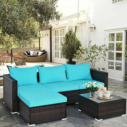 5 Pieces Patio Rattan Furniture Set with Coffee Table, Turquoise