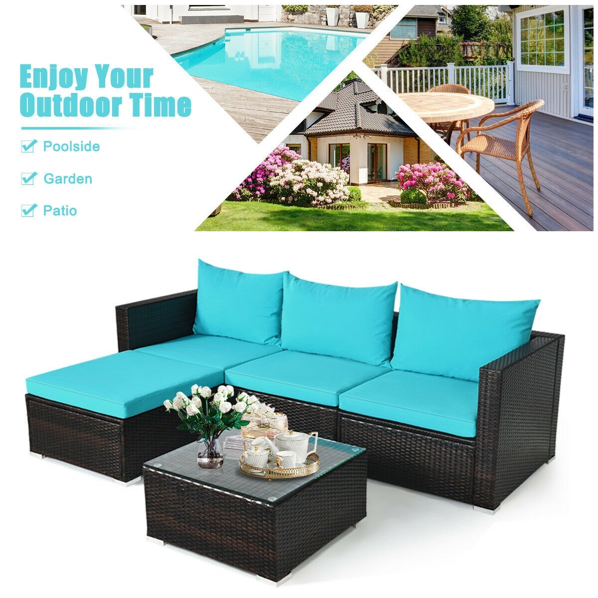 5 Pieces Patio Rattan Furniture Set with Coffee Table, Turquoise Outdoor Sectionals   at Gallery Canada