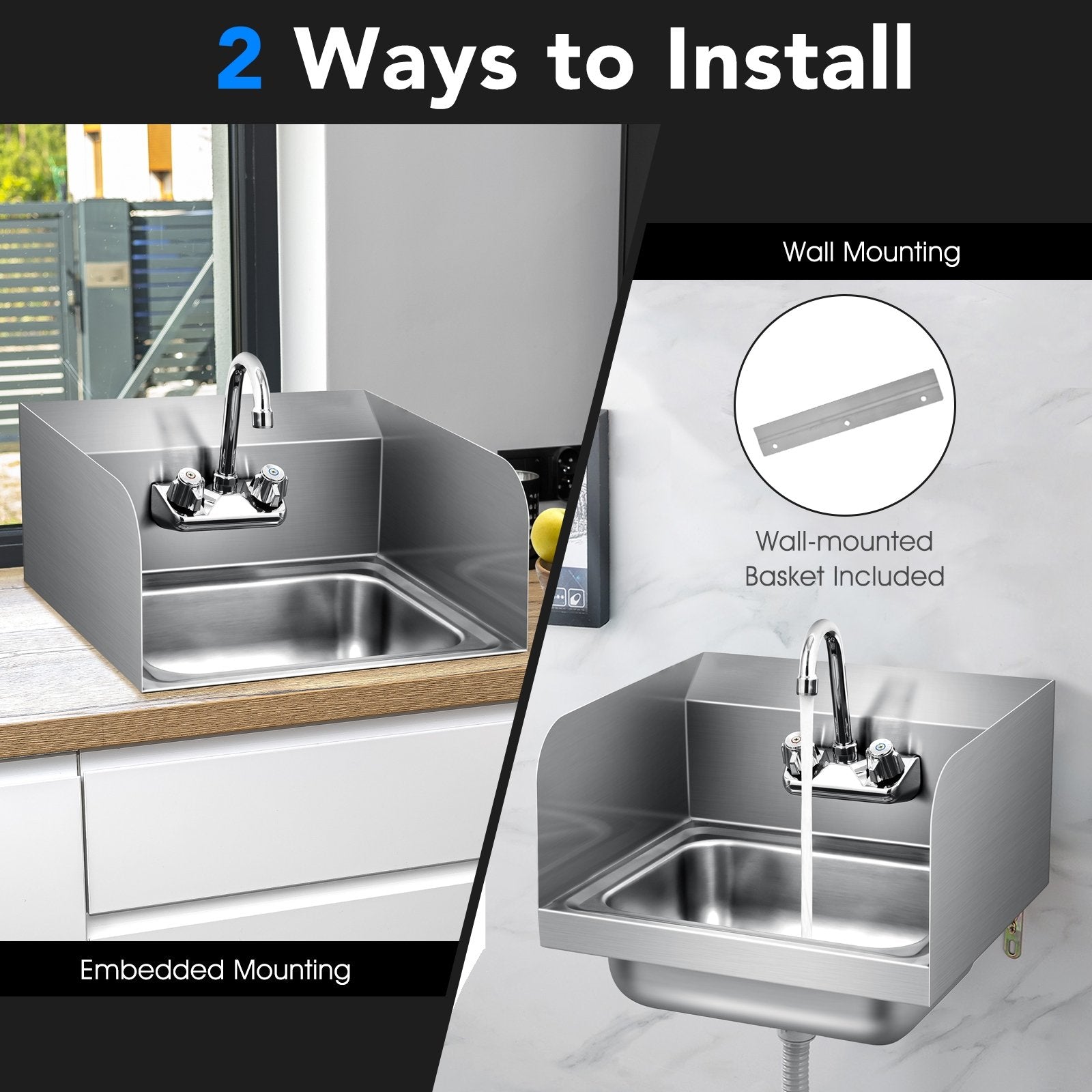 Stainless Steel Sink Wall Mount Hand Washing Sink with Faucet and Side Splash, Silver Bathroom Sinks   at Gallery Canada