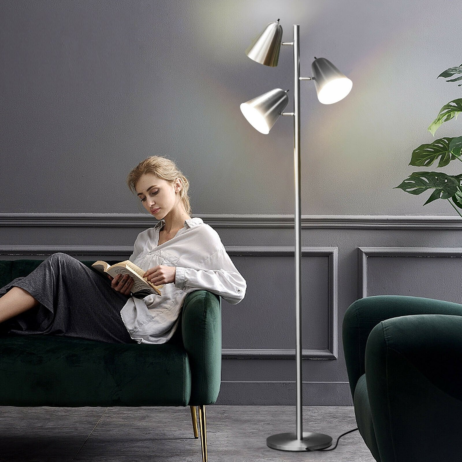 64 Inch 3-Light LED Floor Lamp Reading Light for Living Room Bedroom, Silver Table & Floor Lamps   at Gallery Canada