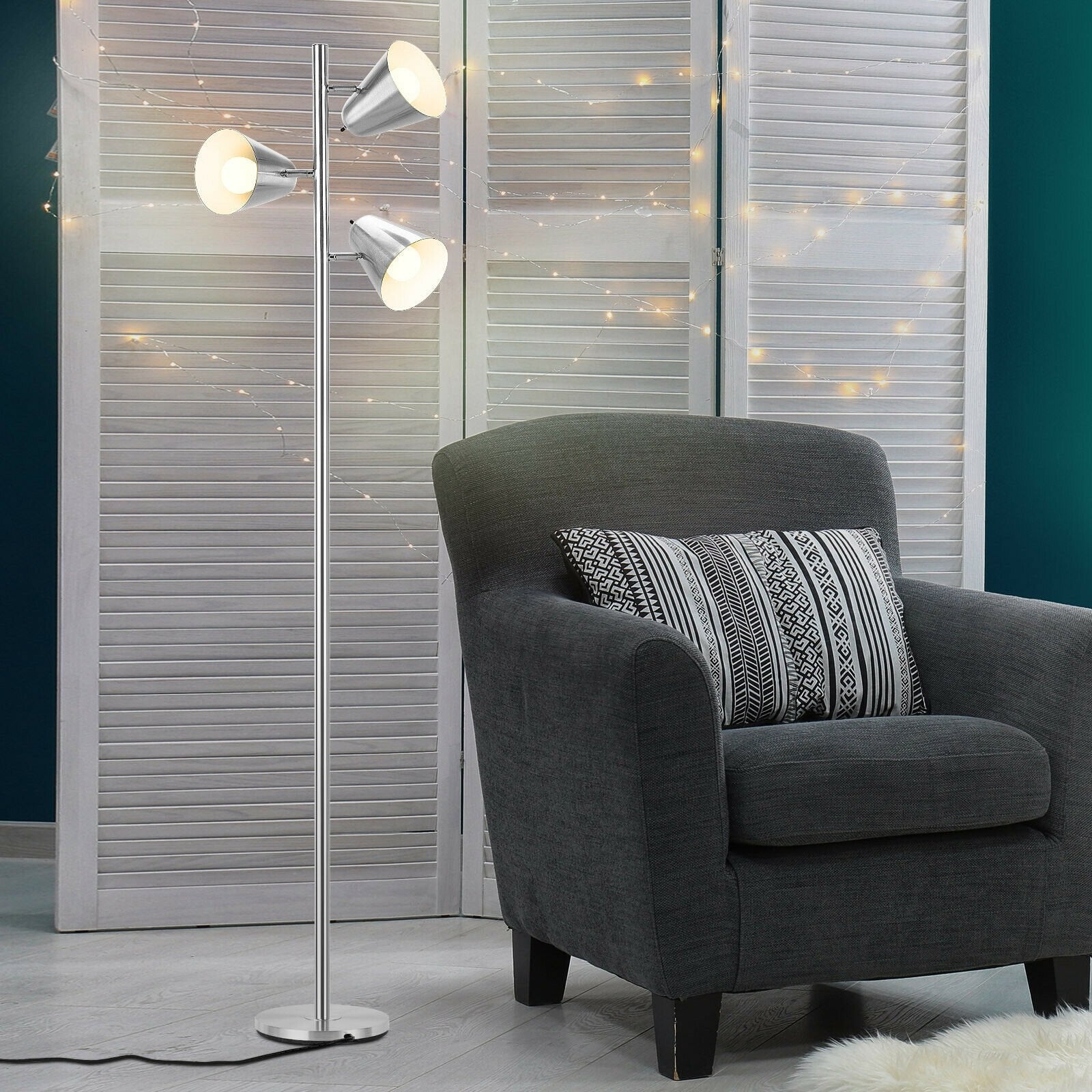 64 Inch 3-Light LED Floor Lamp Reading Light for Living Room Bedroom, Silver Table & Floor Lamps   at Gallery Canada