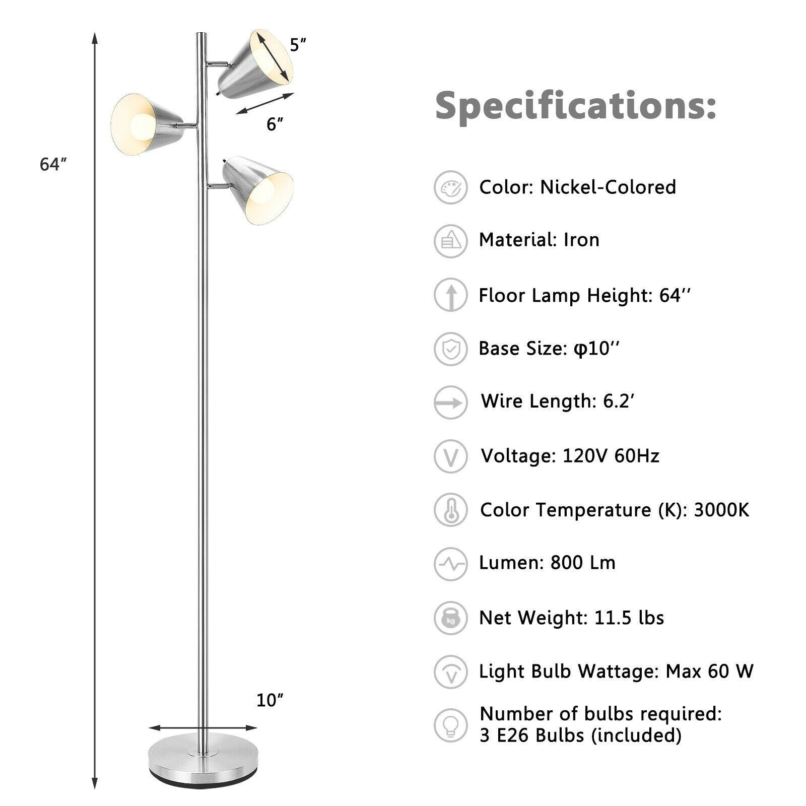 64 Inch 3-Light LED Floor Lamp Reading Light for Living Room Bedroom, Silver Table & Floor Lamps   at Gallery Canada