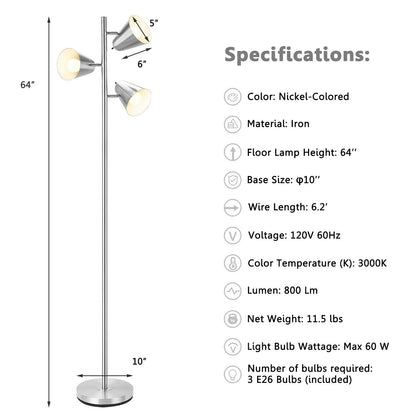 64 Inch 3-Light LED Floor Lamp Reading Light for Living Room Bedroom, Silver Table & Floor Lamps   at Gallery Canada