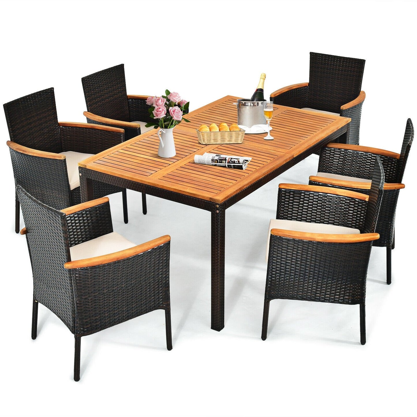 7 Pieces Patio Rattan Dining Set with Armrest Cushioned Chair and Umbrella Hole, Brown Patio Dining Sets   at Gallery Canada