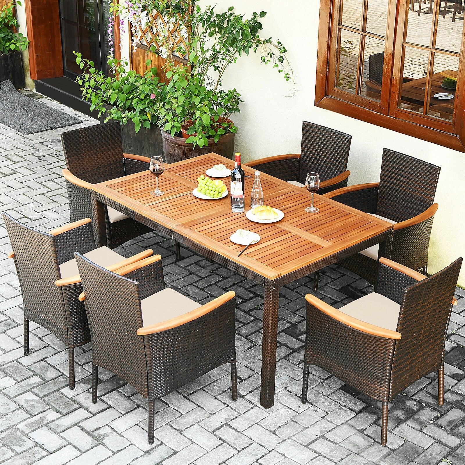 7 Pieces Patio Rattan Dining Set with Armrest Cushioned Chair and Umbrella Hole, Brown Patio Dining Sets   at Gallery Canada