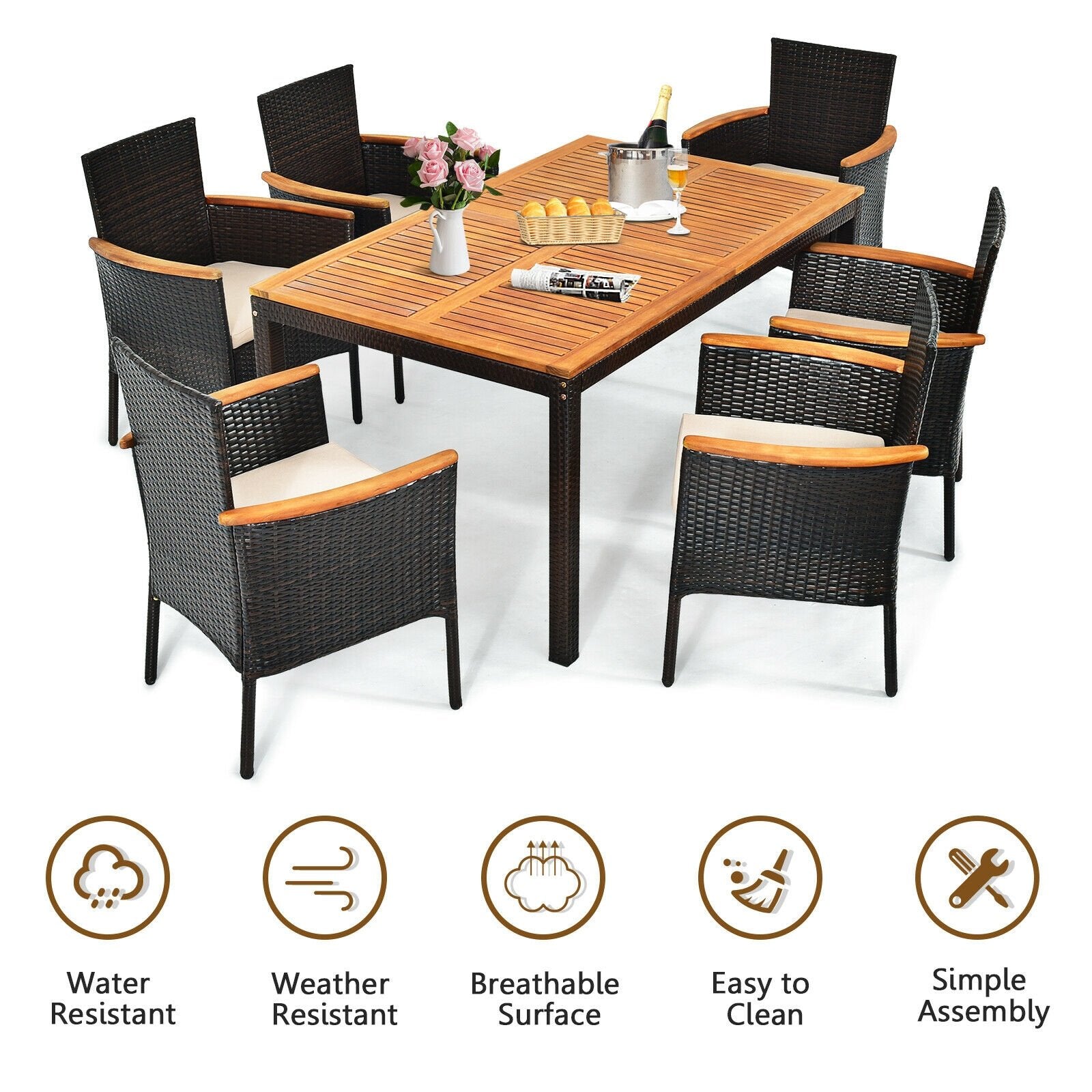 7 Pieces Patio Rattan Dining Set with Armrest Cushioned Chair and Umbrella Hole, Brown Patio Dining Sets   at Gallery Canada