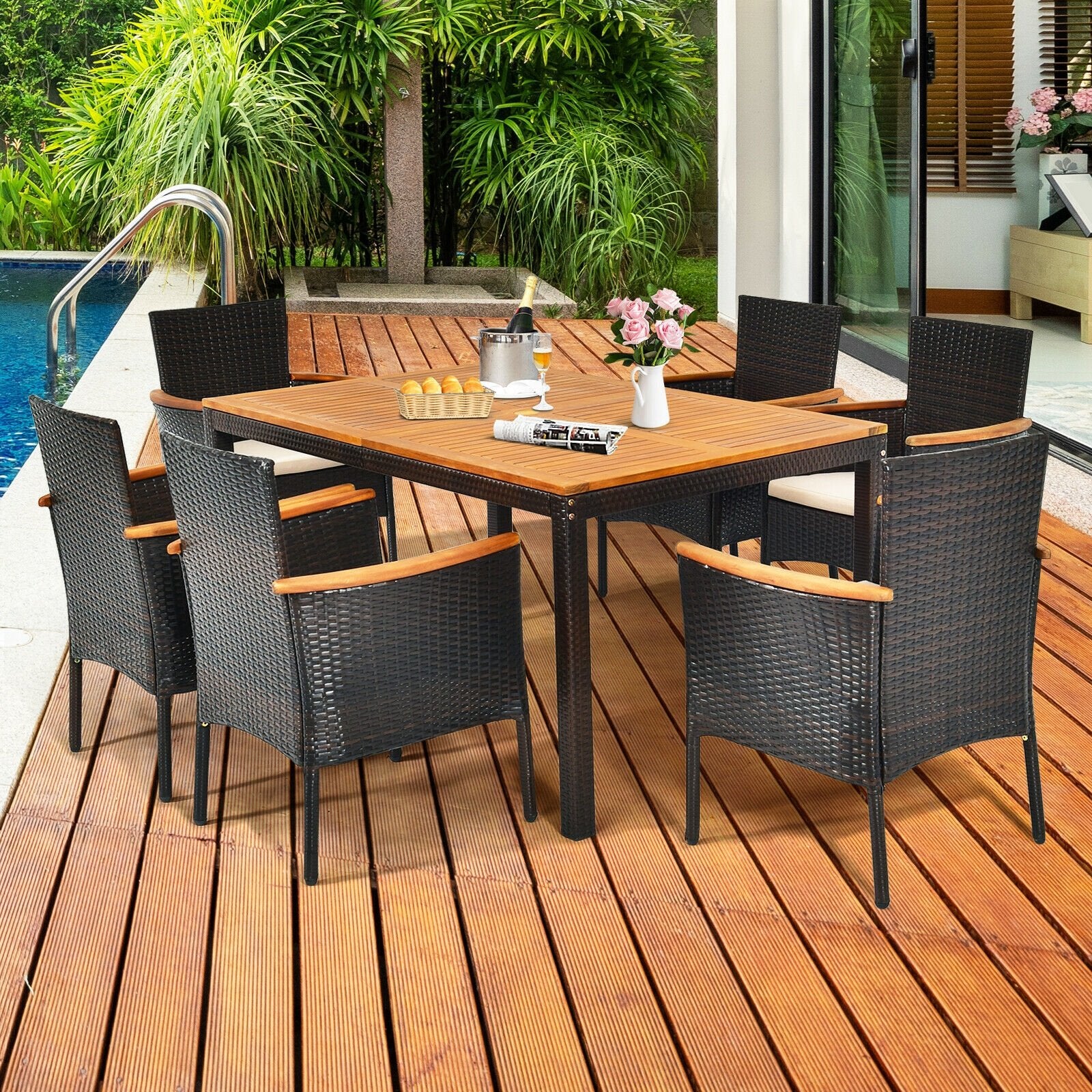 7 Pieces Patio Rattan Dining Set with Armrest Cushioned Chair and Umbrella Hole, Brown Patio Dining Sets   at Gallery Canada