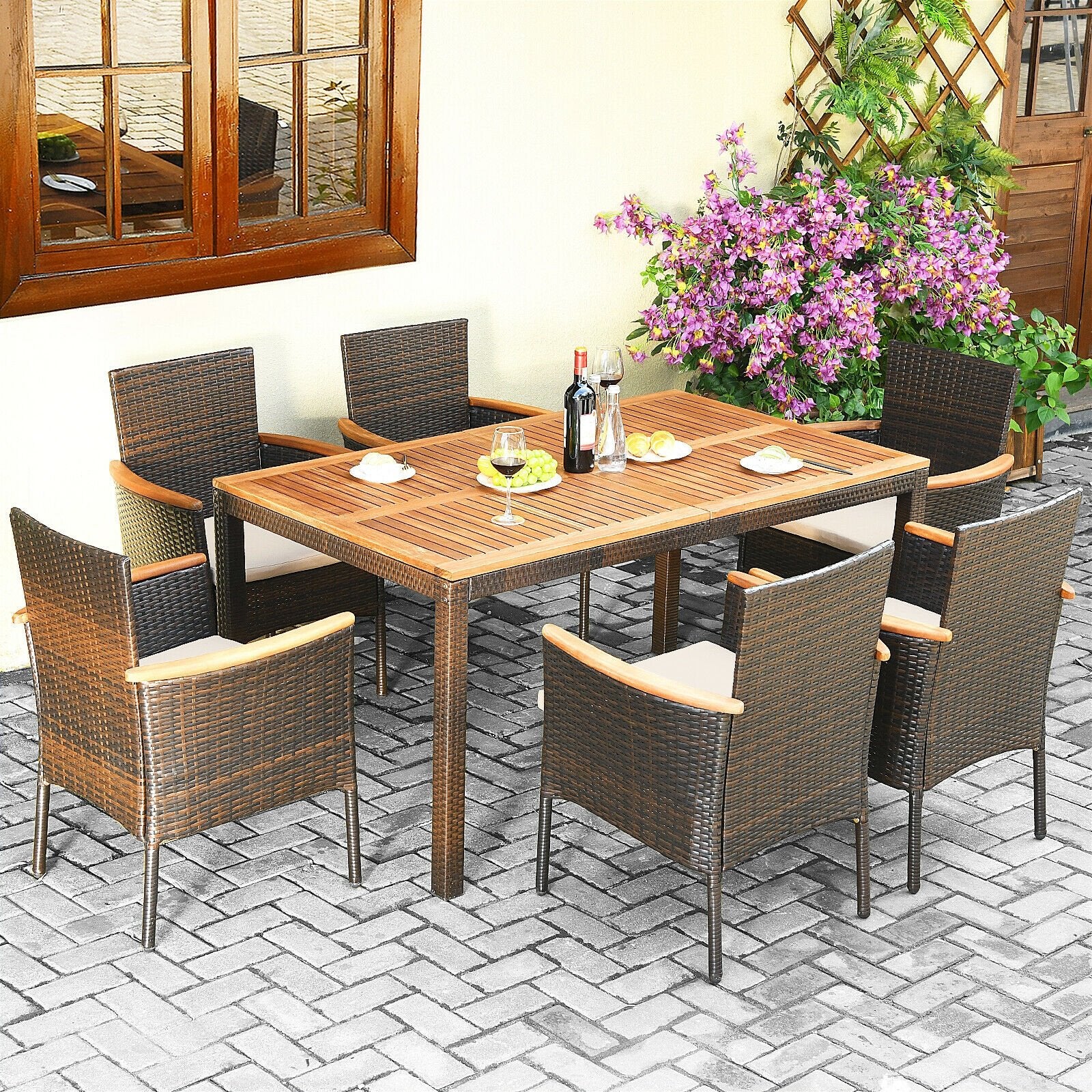 7 Pieces Patio Rattan Dining Set with Armrest Cushioned Chair and Umbrella Hole, Brown Patio Dining Sets   at Gallery Canada