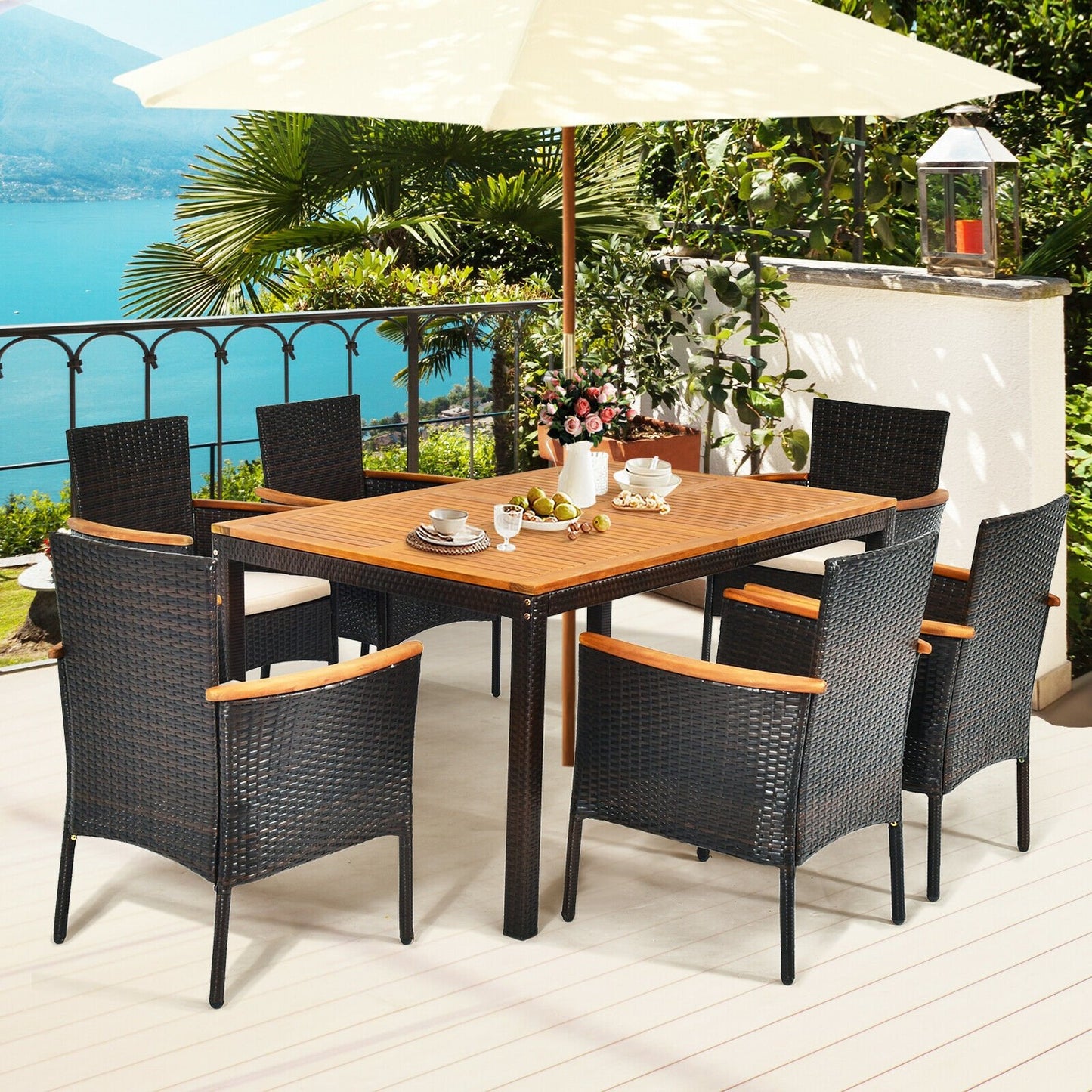 7 Pieces Patio Rattan Dining Set with Armrest Cushioned Chair and Umbrella Hole, Brown Patio Dining Sets   at Gallery Canada