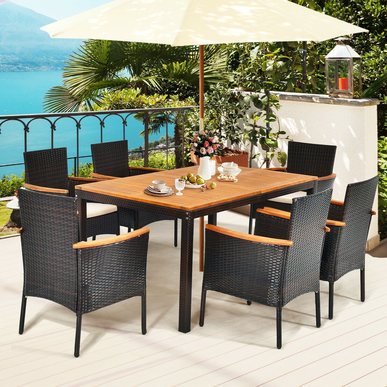 7 Pieces Patio Rattan Dining Set with Armrest Cushioned Chair and Umbrella Hole, Brown Patio Dining Sets   at Gallery Canada