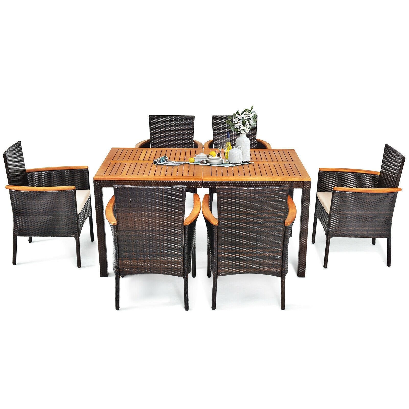 7 Pieces Patio Rattan Dining Set with Armrest Cushioned Chair and Umbrella Hole, Brown Patio Dining Sets   at Gallery Canada