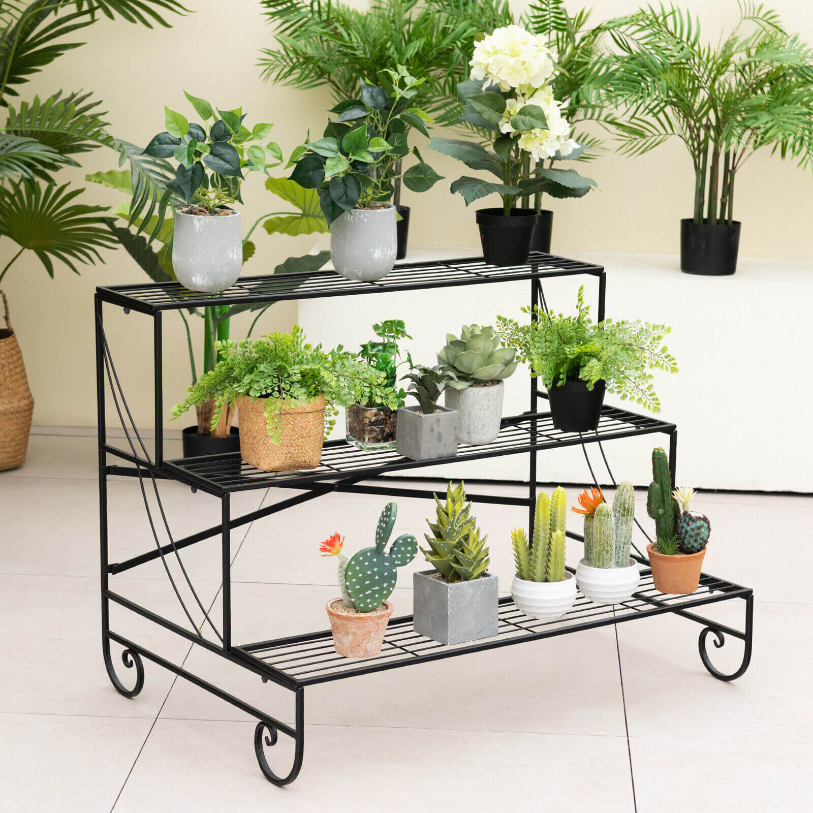 3-Tier Mental Plant Stand with Grid Shelf, Black Plant Stands   at Gallery Canada