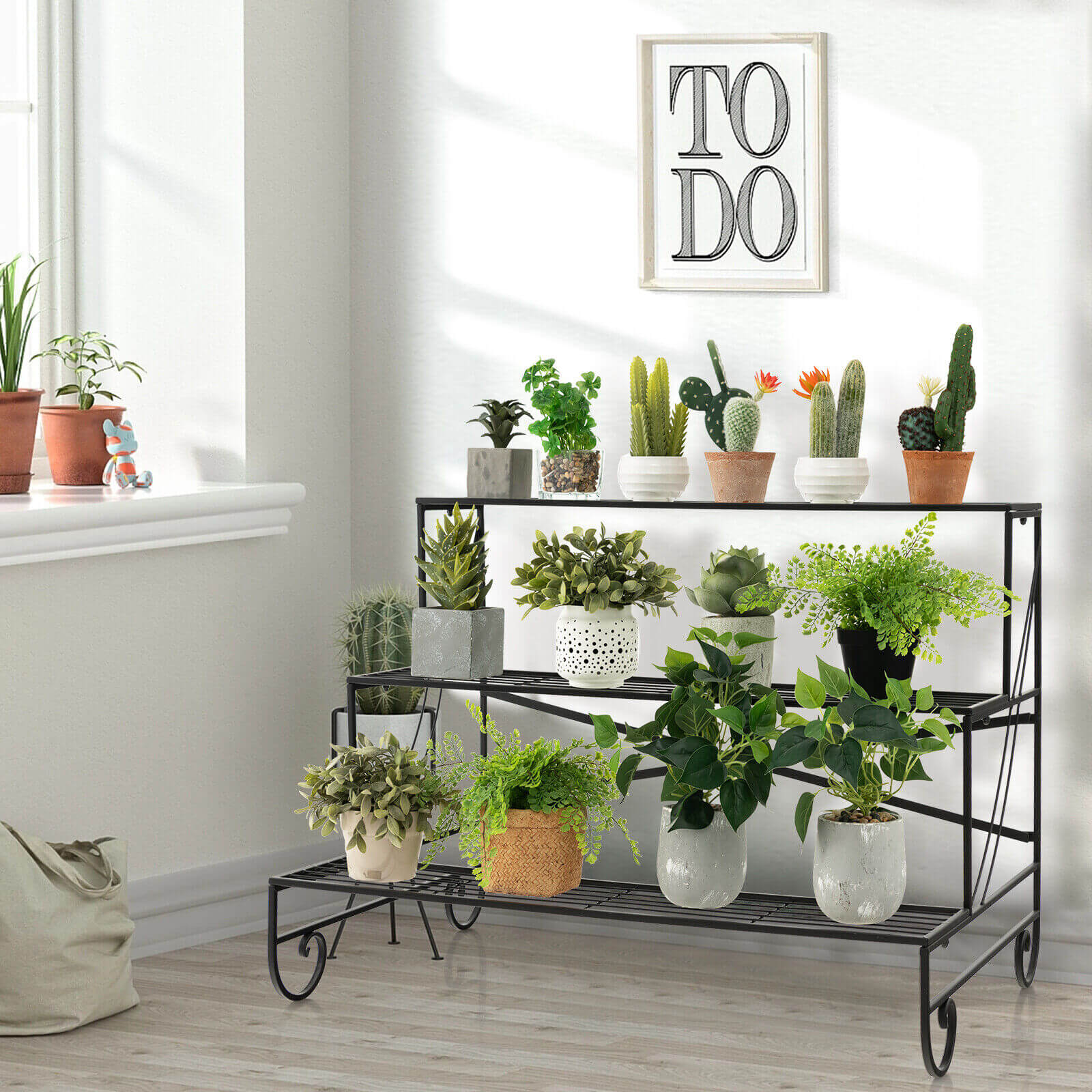 3-Tier Mental Plant Stand with Grid Shelf, Black Plant Stands   at Gallery Canada