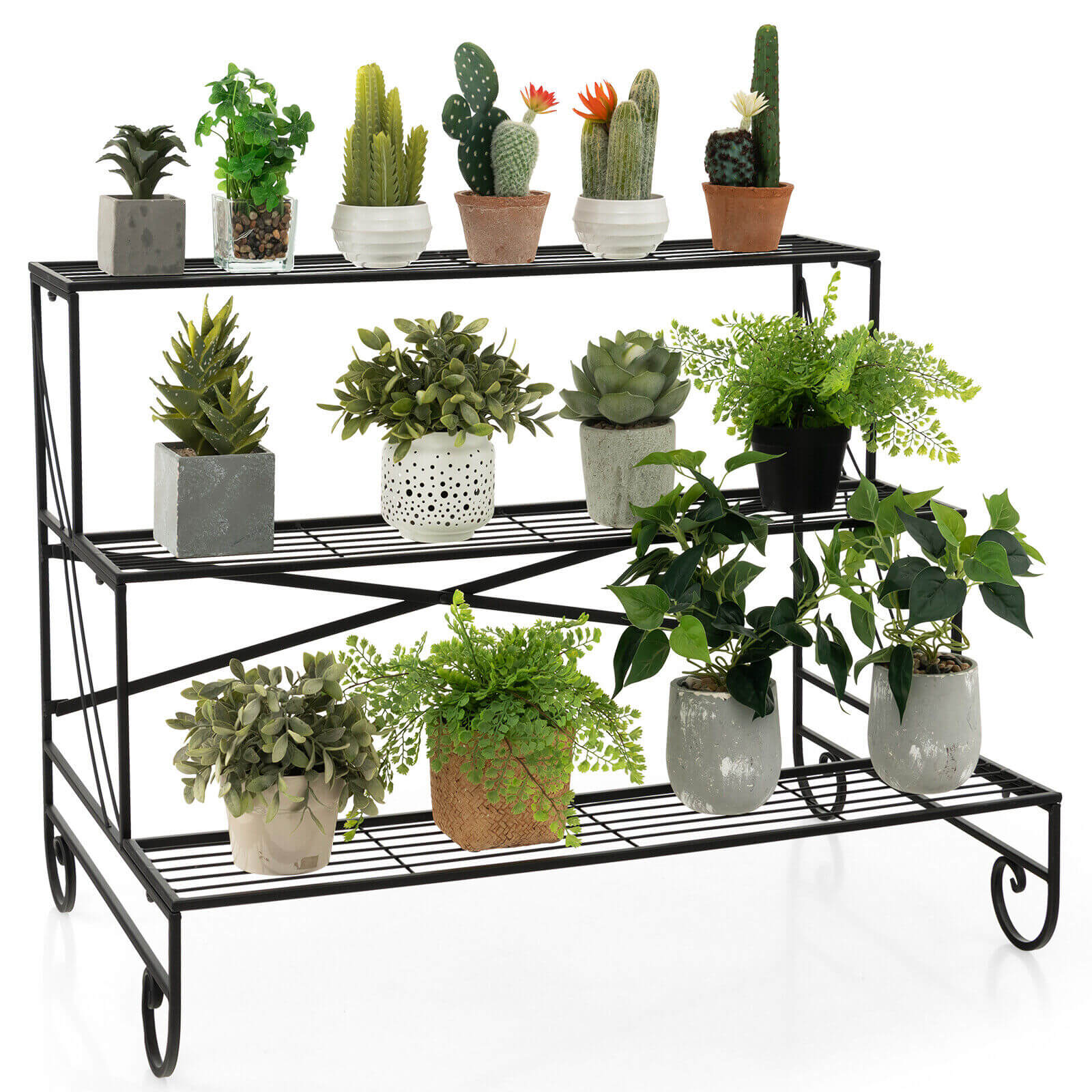 3-Tier Mental Plant Stand with Grid Shelf, Black Plant Stands   at Gallery Canada