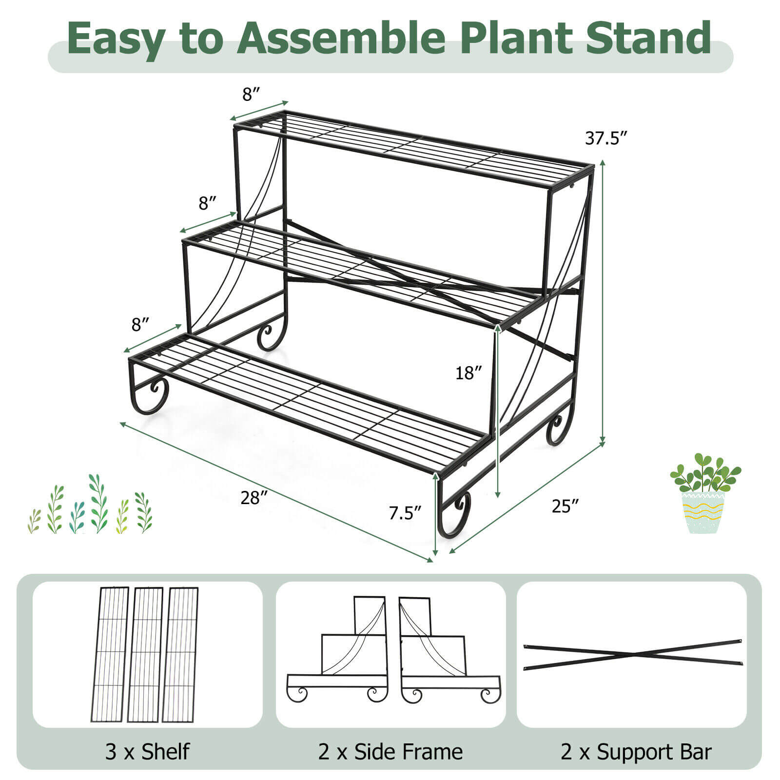 3-Tier Mental Plant Stand with Grid Shelf, Black Plant Stands   at Gallery Canada