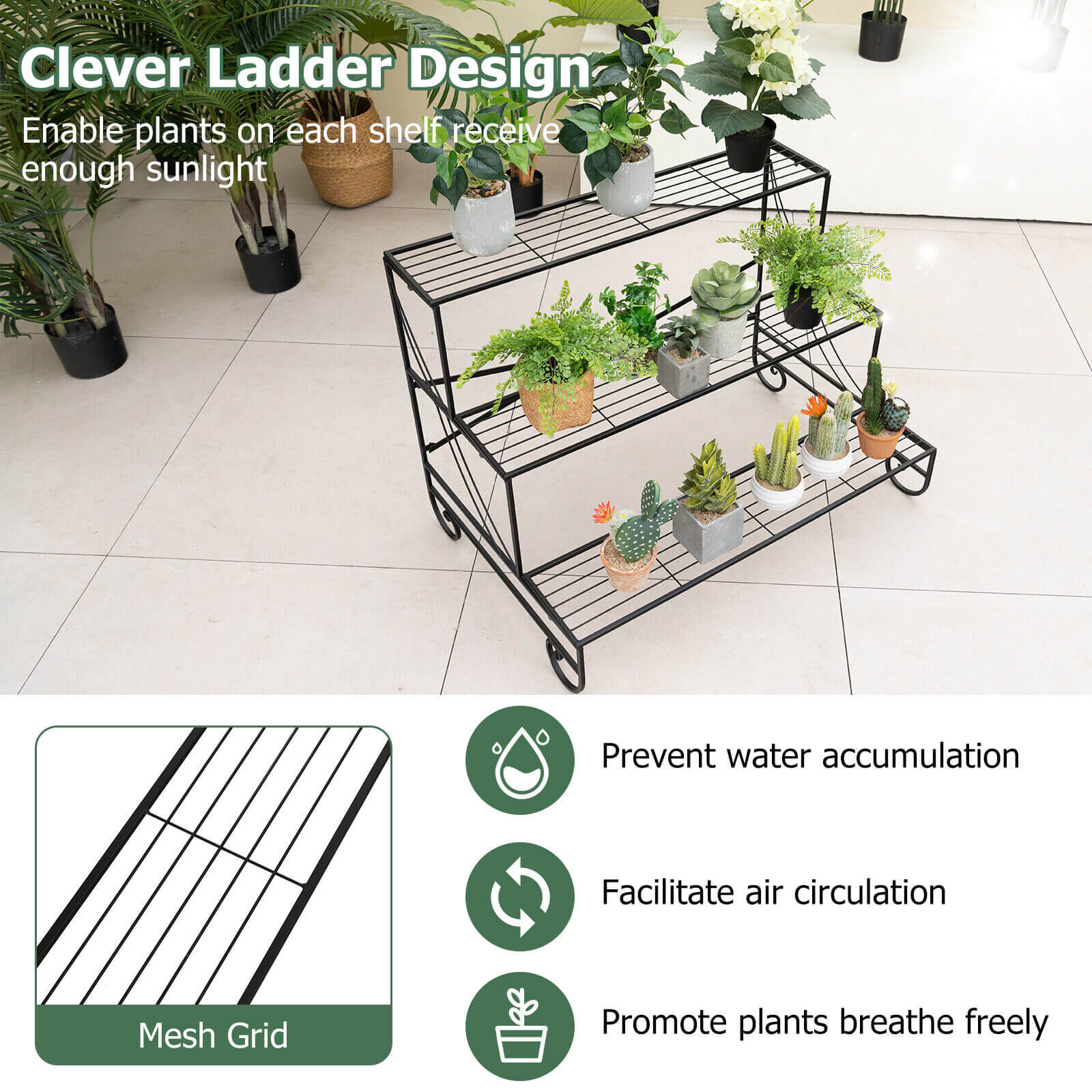 3-Tier Mental Plant Stand with Grid Shelf, Black Plant Stands   at Gallery Canada