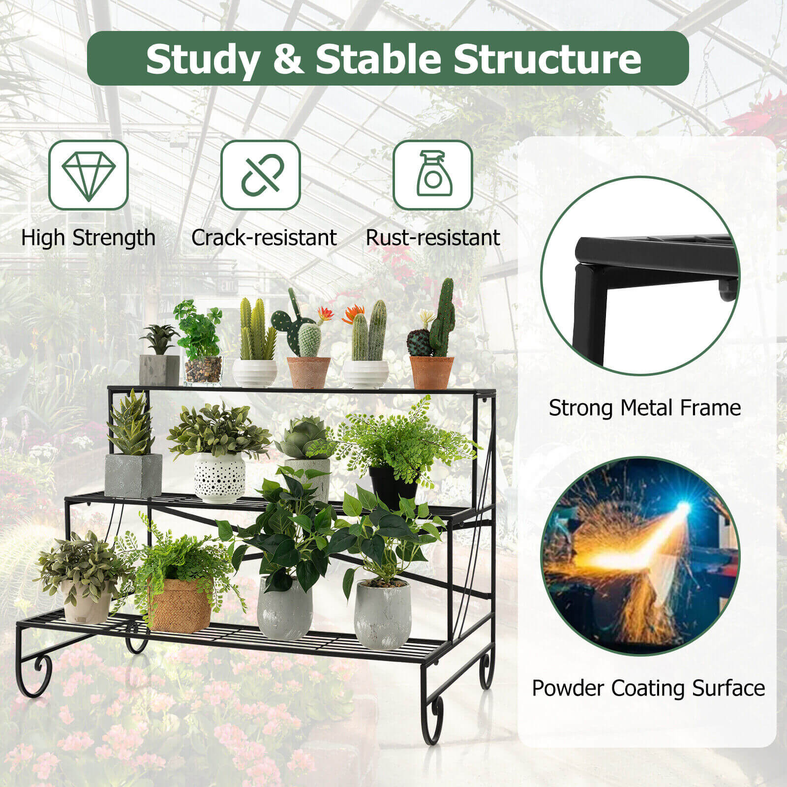 3-Tier Mental Plant Stand with Grid Shelf, Black Plant Stands   at Gallery Canada