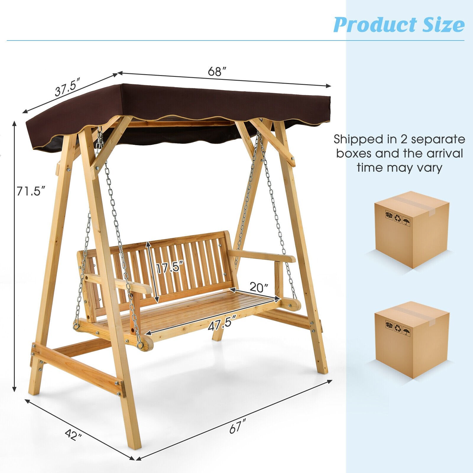 Patio Wooden Swing Bench Chair with Adjustable Canopy for 2 Persons, Natural - Gallery Canada