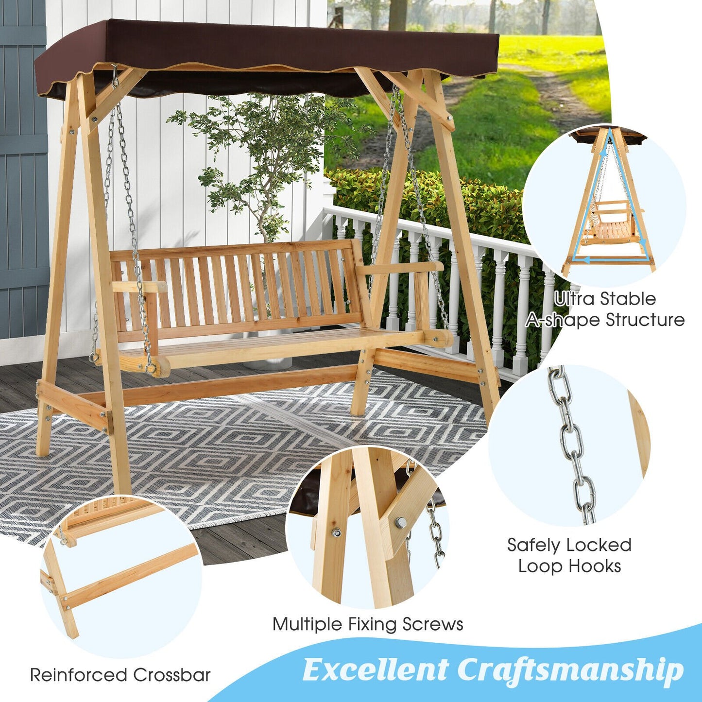 Patio Wooden Swing Bench Chair with Adjustable Canopy for 2 Persons, Natural - Gallery Canada