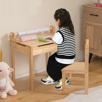 Toddler Multifunctional Activity Table and Chair Set with Paper Roll Holder, Natural Kids Table & Chair Sets   at Gallery Canada