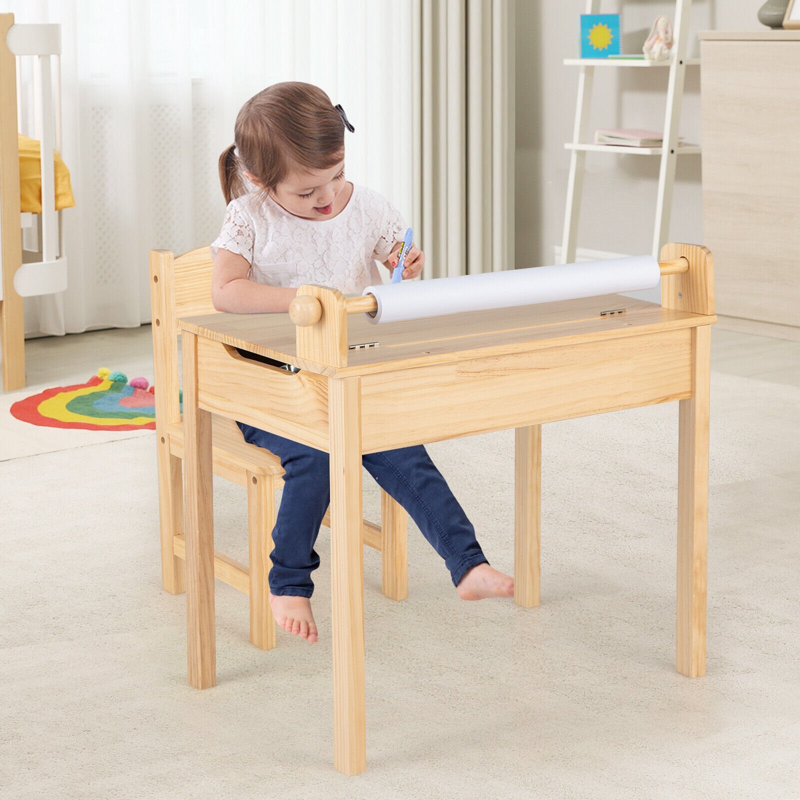 Toddler Multifunctional Activity Table and Chair Set with Paper Roll Holder, Natural Kids Table & Chair Sets   at Gallery Canada