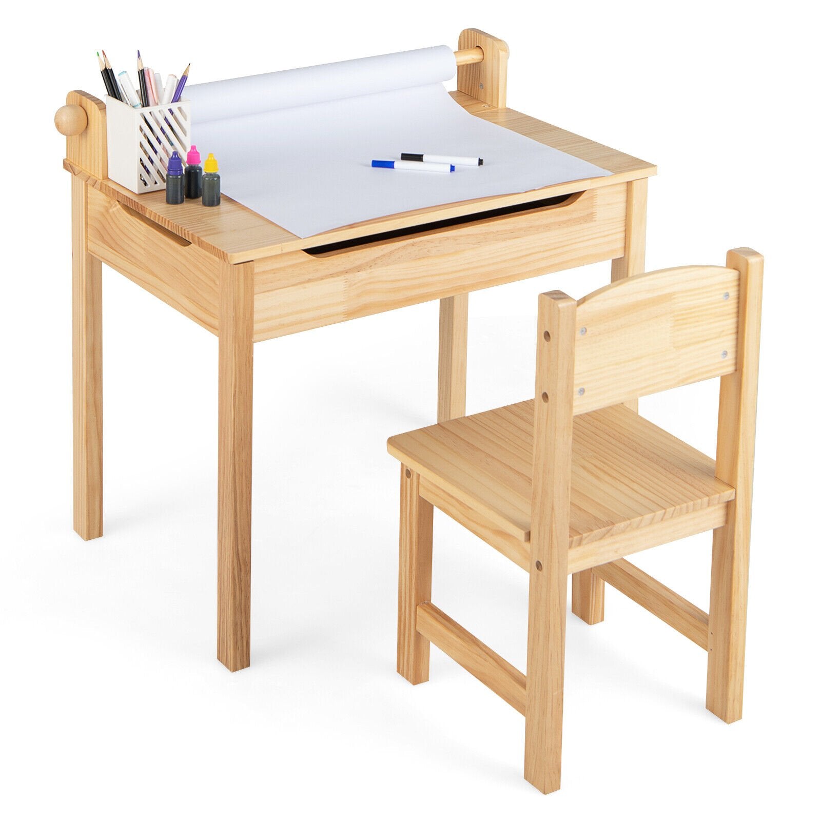 Toddler Multifunctional Activity Table and Chair Set with Paper Roll Holder, Natural Kids Table & Chair Sets   at Gallery Canada