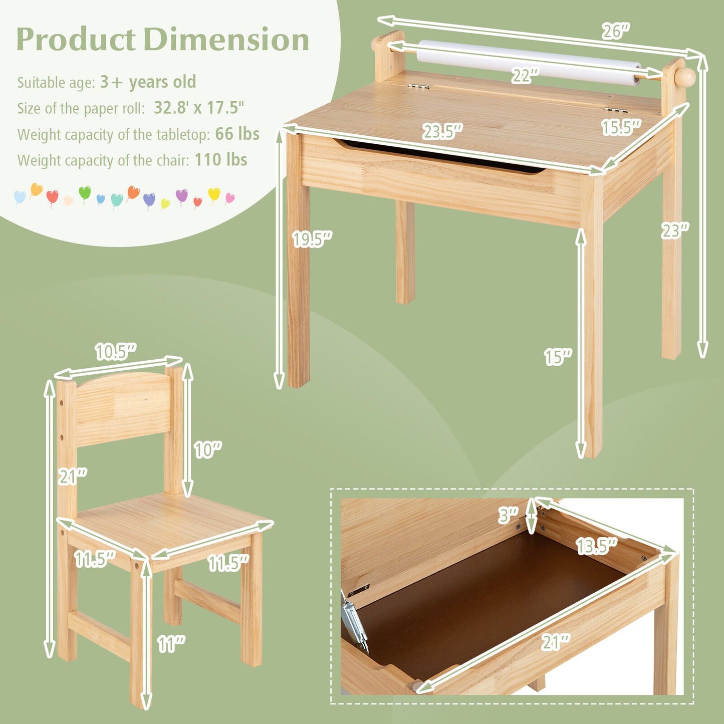 Toddler Multifunctional Activity Table and Chair Set with Paper Roll Holder, Natural Kids Table & Chair Sets   at Gallery Canada