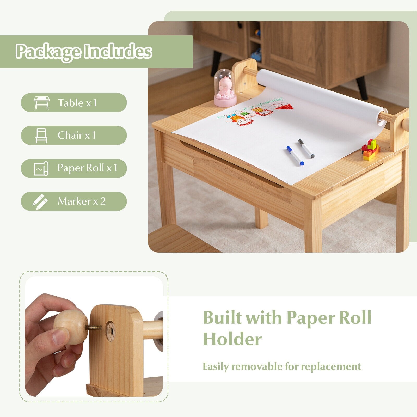 Toddler Multifunctional Activity Table and Chair Set with Paper Roll Holder, Natural Kids Table & Chair Sets   at Gallery Canada