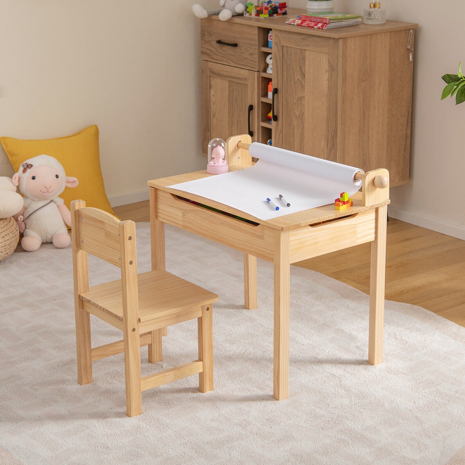 Toddler Multifunctional Activity Table and Chair Set with Paper Roll Holder, Natural Kids Table & Chair Sets   at Gallery Canada