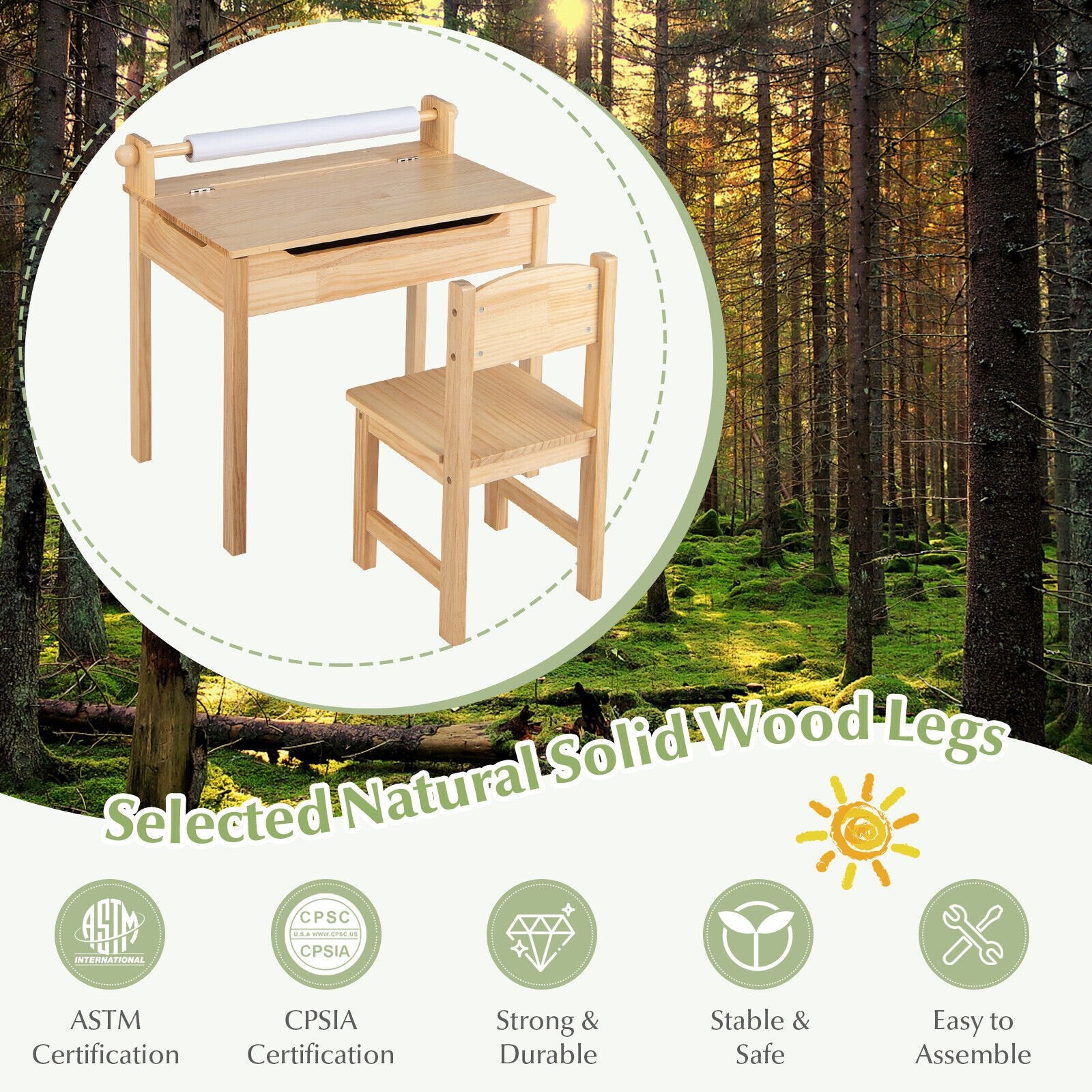 Toddler Multifunctional Activity Table and Chair Set with Paper Roll Holder, Natural Kids Table & Chair Sets   at Gallery Canada