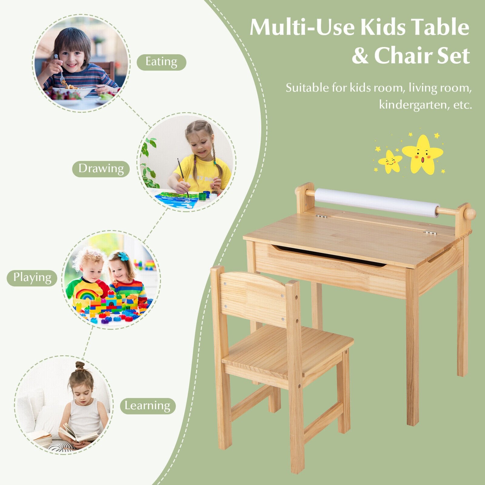 Toddler Multifunctional Activity Table and Chair Set with Paper Roll Holder, Natural - Gallery Canada