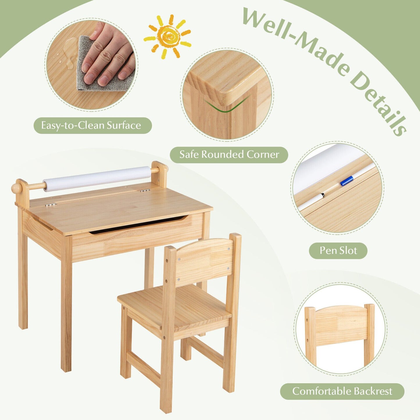 Toddler Multifunctional Activity Table and Chair Set with Paper Roll Holder, Natural Kids Table & Chair Sets   at Gallery Canada