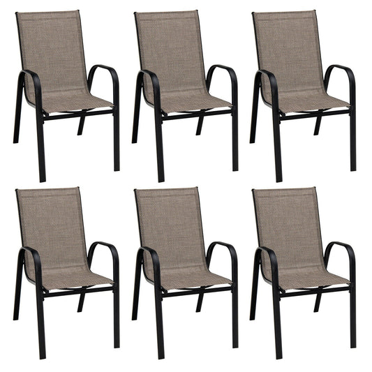 6 Pieces Patio Stackable Dining Chairs with Curved Armrests and Breathable Fabric, Brown Patio Dining Chairs   at Gallery Canada