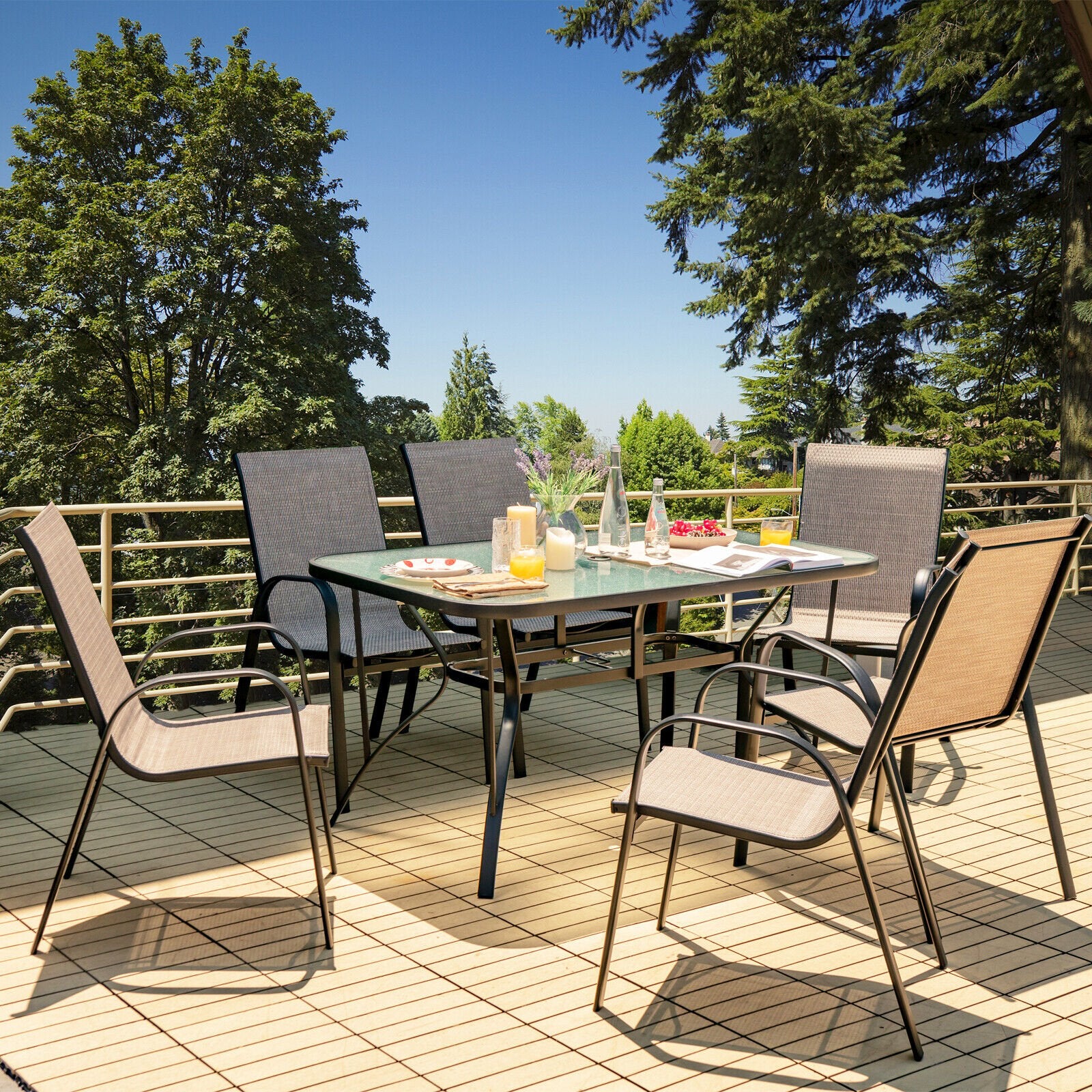 6 Pieces Patio Stackable Dining Chairs with Curved Armrests and Breathable Fabric, Brown Patio Dining Chairs   at Gallery Canada