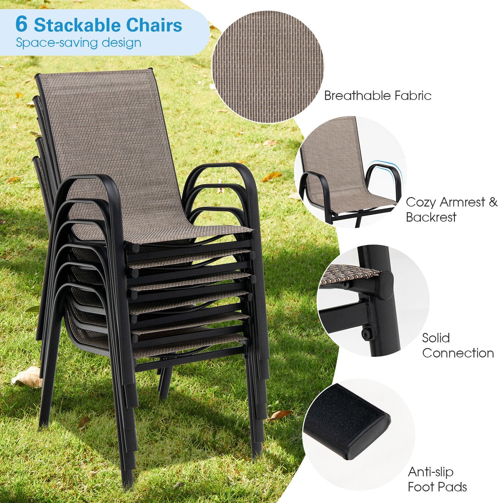 6 Pieces Patio Stackable Dining Chairs with Curved Armrests and Breathable Fabric, Brown Patio Dining Chairs   at Gallery Canada