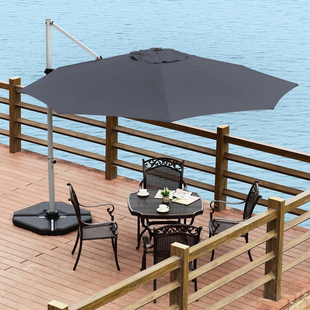 11 Feet Patio Offset Cantilever Umbrella 360° Rotation Aluminum Tilt, Gray Outdoor Umbrellas   at Gallery Canada