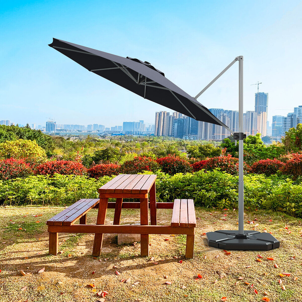 11 Feet Patio Offset Cantilever Umbrella 360° Rotation Aluminum Tilt, Gray Outdoor Umbrellas   at Gallery Canada