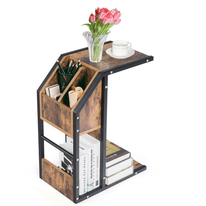 Industrial C-Shape Snack End Table with Storage Space, Rustic Brown - Gallery Canada