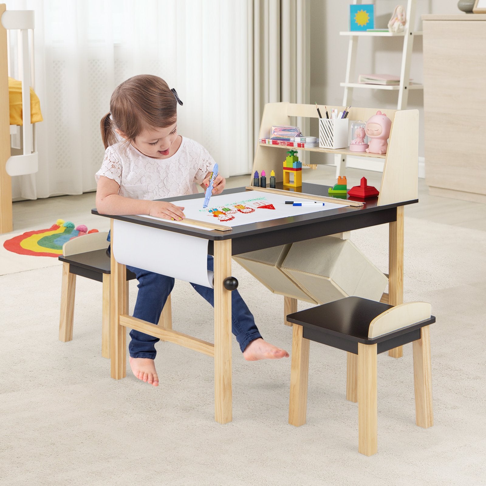 Kids Art Table and Chairs Set with Paper Roll and Storage Bins, Coffee Kids Table & Chair Sets   at Gallery Canada