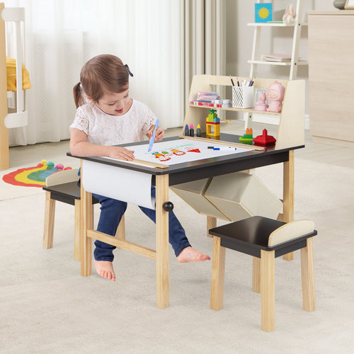 Kids Art Table and Chairs Set with Paper Roll and Storage Bins, Coffee