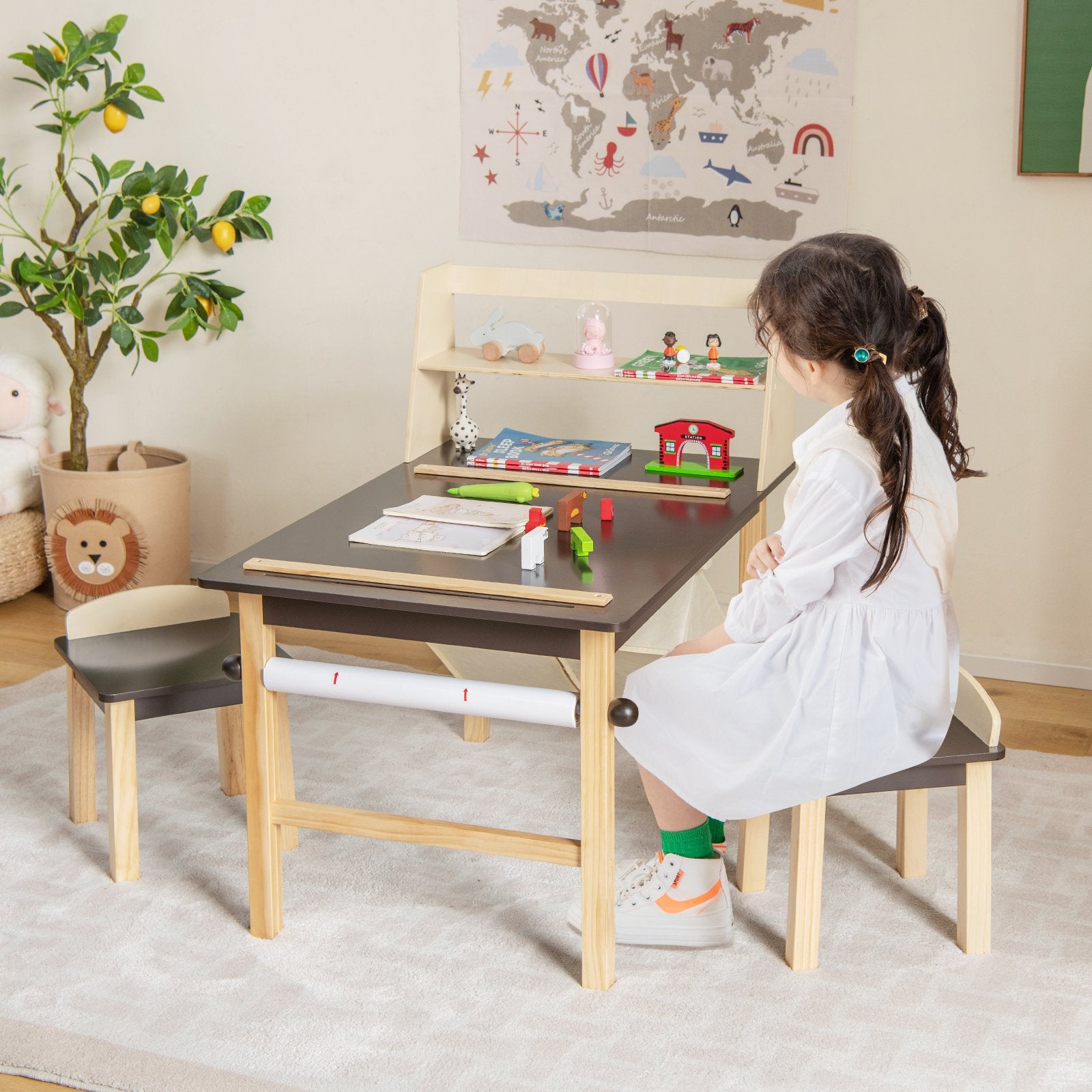 Kids Art Table and Chairs Set with Paper Roll and Storage Bins, Coffee Kids Table & Chair Sets   at Gallery Canada