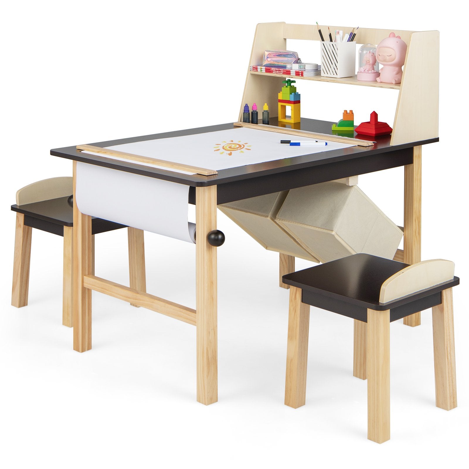 Kids Art Table and Chairs Set with Paper Roll and Storage Bins, Coffee Kids Table & Chair Sets   at Gallery Canada