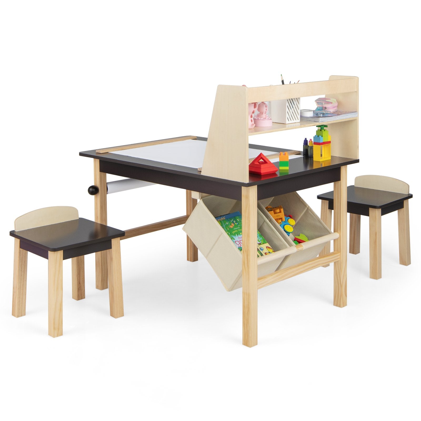 Kids Art Table and Chairs Set with Paper Roll and Storage Bins, Coffee Kids Table & Chair Sets   at Gallery Canada