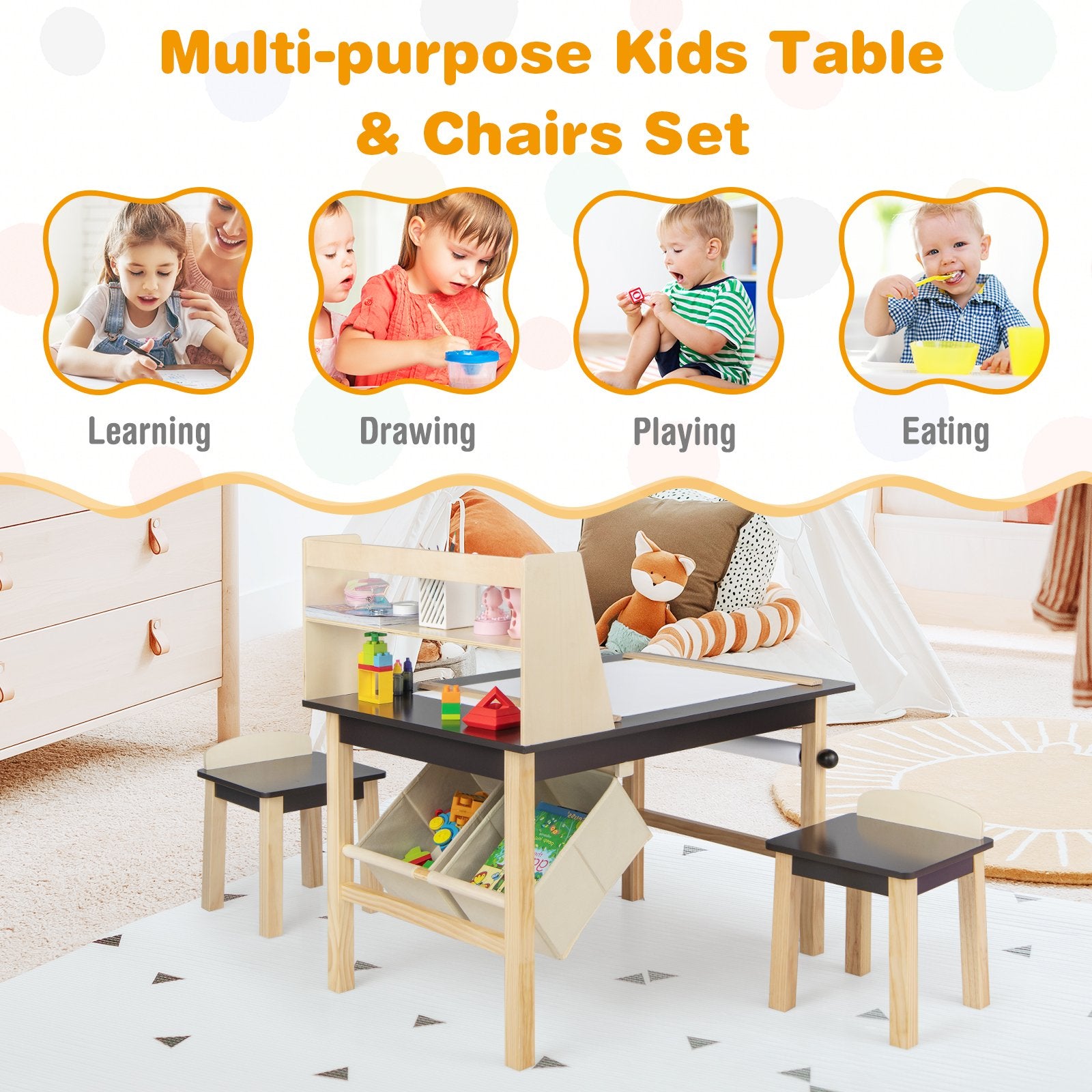 Kids Art Table and Chairs Set with Paper Roll and Storage Bins, Coffee Kids Table & Chair Sets   at Gallery Canada