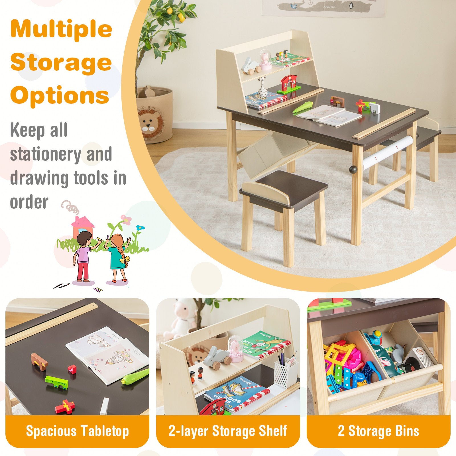 Kids Art Table and Chairs Set with Paper Roll and Storage Bins, Coffee Kids Table & Chair Sets   at Gallery Canada