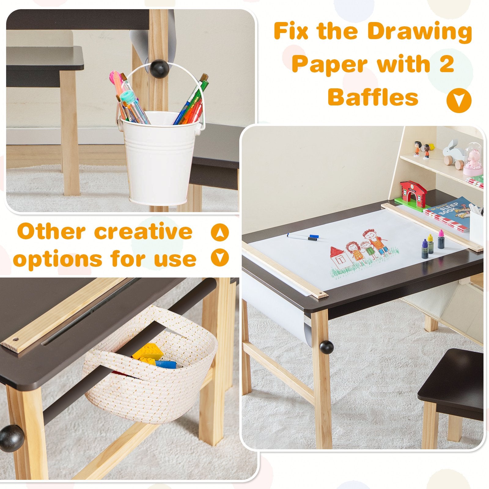 Kids Art Table and Chairs Set with Paper Roll and Storage Bins, Coffee Kids Table & Chair Sets   at Gallery Canada